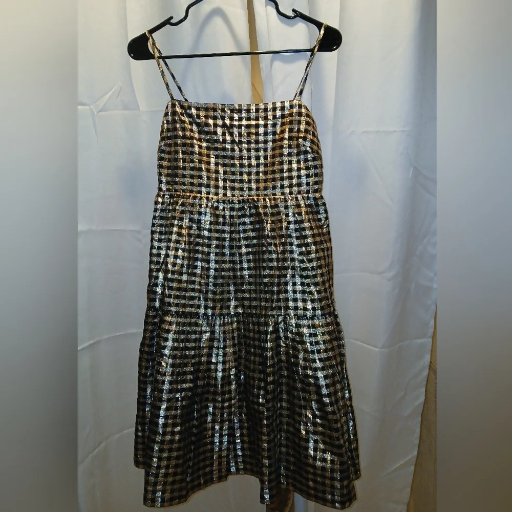 J . CREW BLACK GOLD LUREX METALLIC GINGHAM TIERED MINI DRESS  - Picture 4 of 6